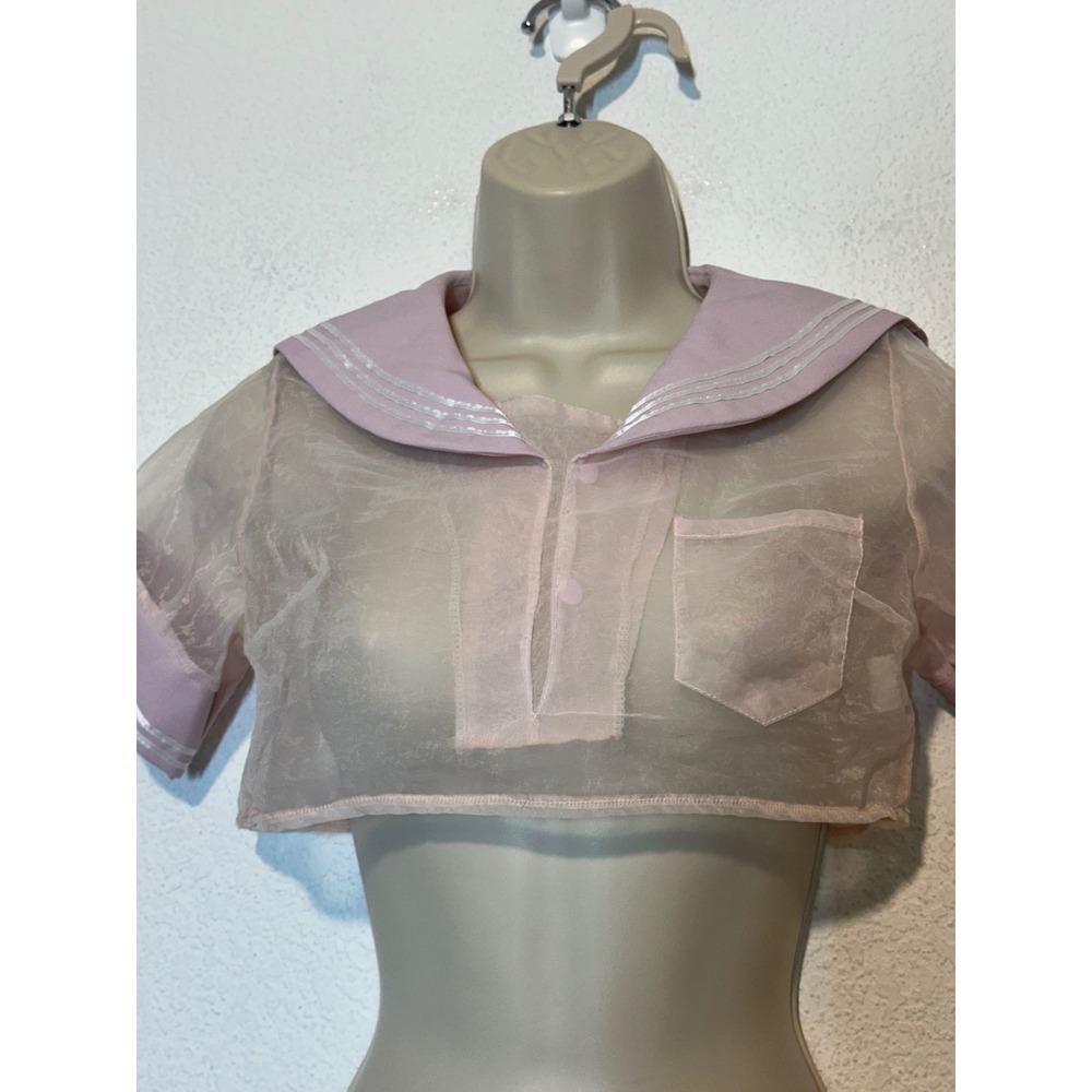 Pink Sheer Organza Sailor Collar Crop Top Short Sleeve Striped Trim Size